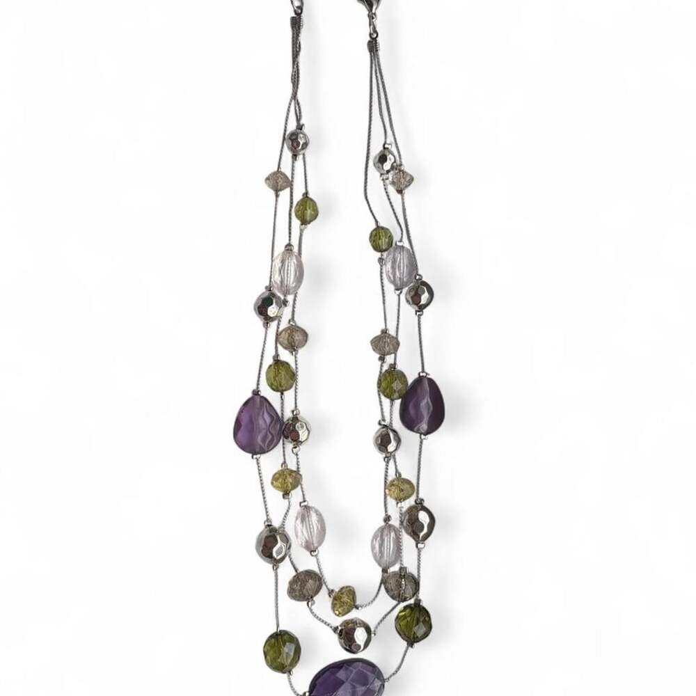 Unbranded Multi-Strand Beaded Necklace Purple Green Silver-Tone Boho